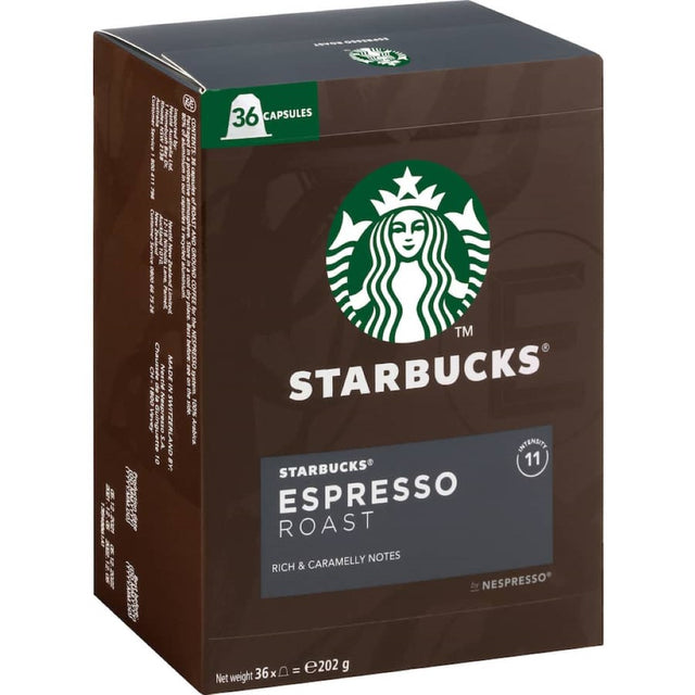 Starbucks Espresso Roast coffee capsules for Nespresso, offering rich flavors and premium coffee experience at home.