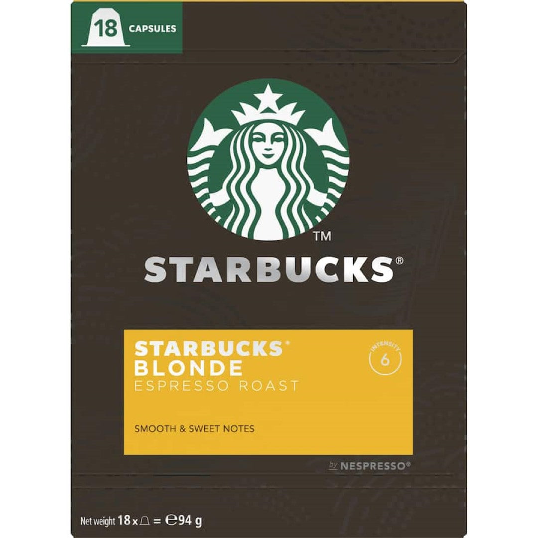 Starbucks Blonde Espresso Roast capsules for Nespresso, offering smooth, bright flavors and creamy texture for lattes and cappuccinos.