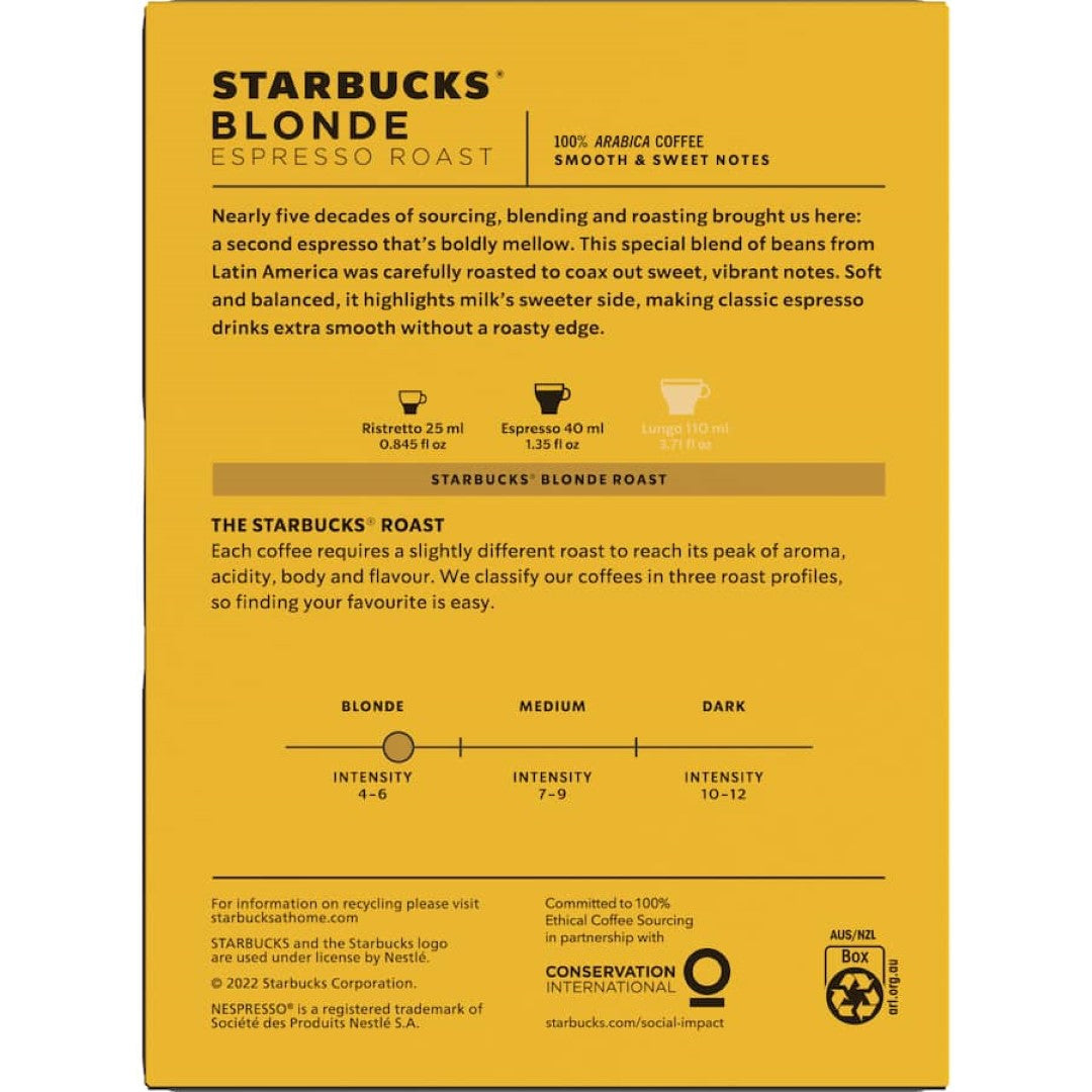 Starbucks Blonde Espresso Roast capsules for Nespresso, offering smooth, light roast coffee with toasted malt notes.