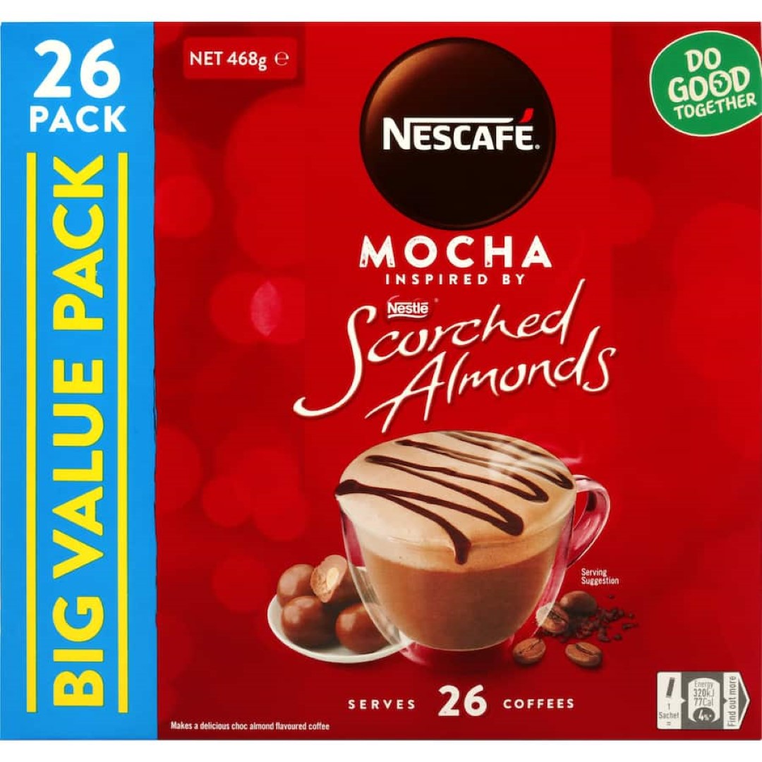 Nescafe Coffee Sachets Scorched Almond Mocha 26-pack featuring rich coffee with a nutty mocha flavor, convenient for any lifestyle.