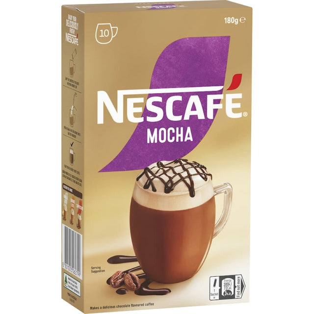 Nescafé Mocha sachets in a 10-pack, offering rich coffee and cocoa for a creamy café-style experience at home.