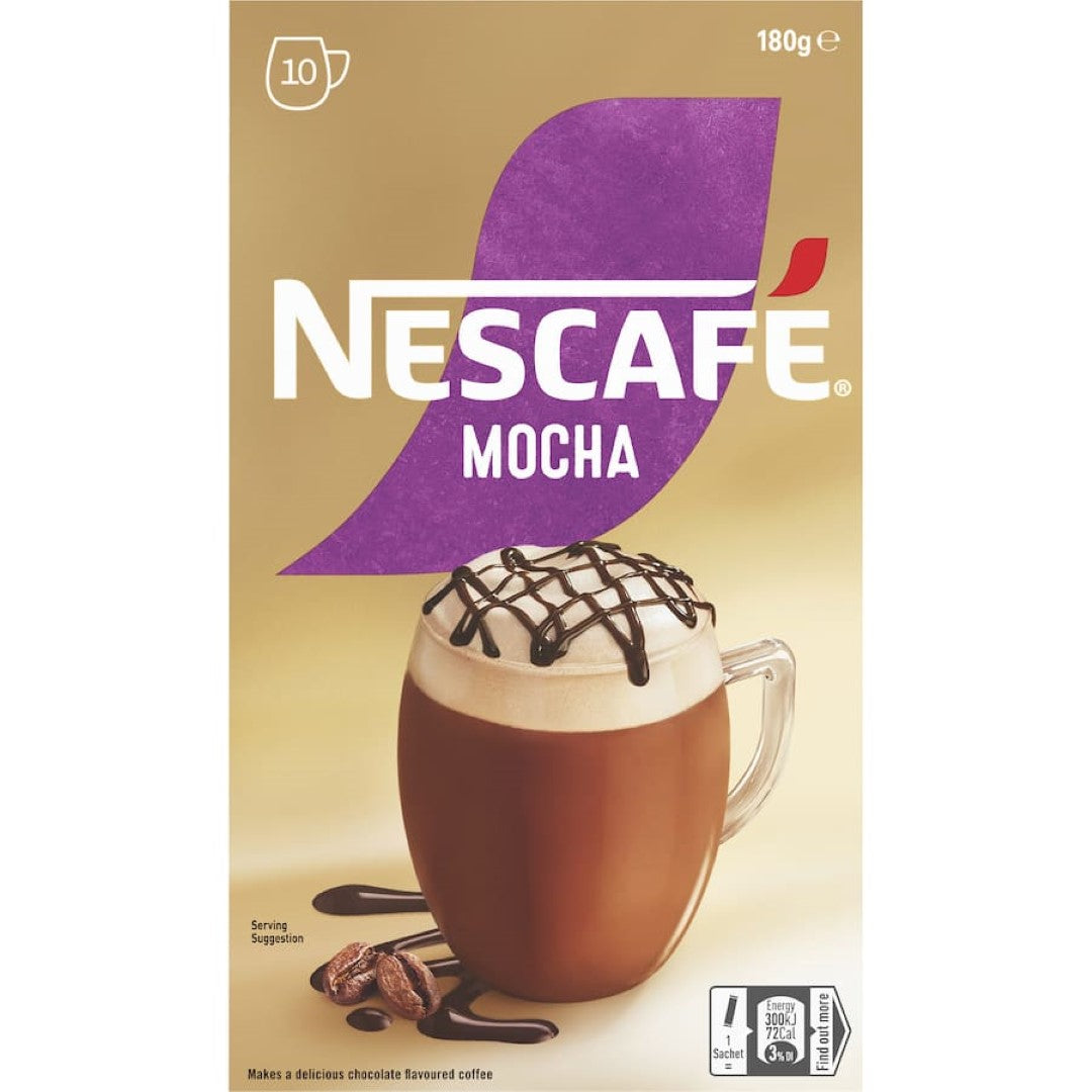 Nescafe Cafe Menu Mocha sachets in a 10-pack, featuring rich coffee and cocoa for a creamy, indulgent drink.