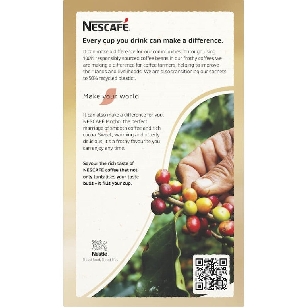 Nescafe Cafe Menu Mocha sachets in a 10-pack for creamy, cafe-quality coffee at home with sustainable sourcing.