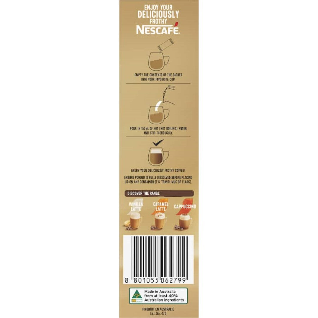 Nescafe Cafe Menu Mocha sachets in 10-pack, offering rich coffee and cocoa for a creamy café-style experience at home.