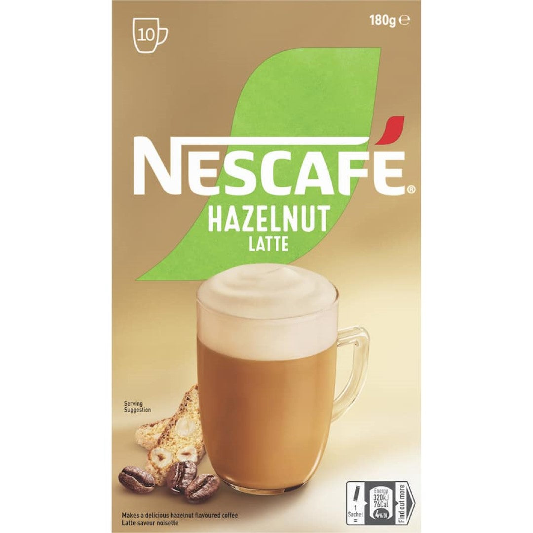 Nescafe Hazelnut Latte sachets, 10-pack featuring creamy, flavorful coffee with a frothy layer, ideal for a quick café experience.