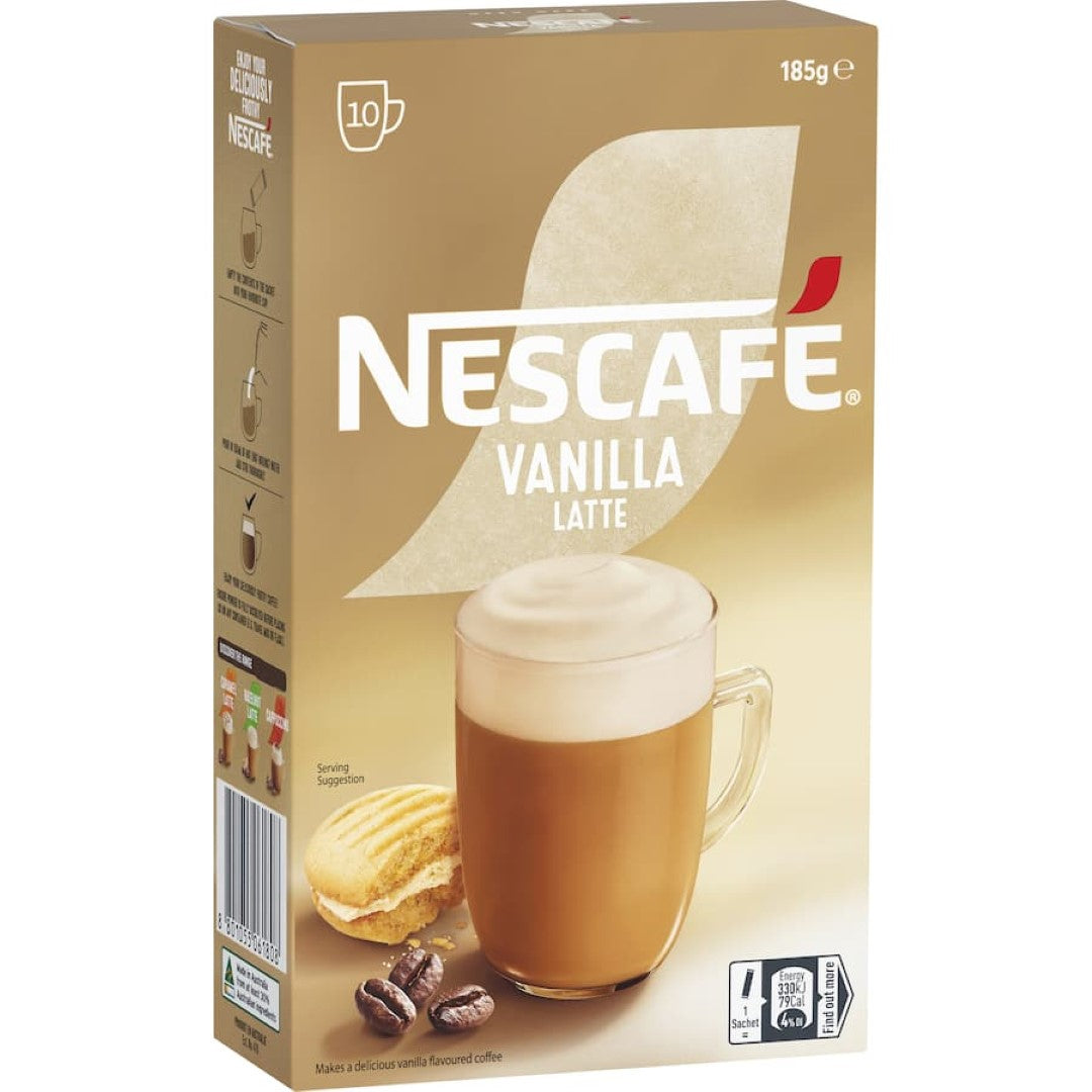 Nescafe Vanilla Latte sachets display a creamy coffee blend with rich vanilla in a convenient 10-pack for cafe-style enjoyment.