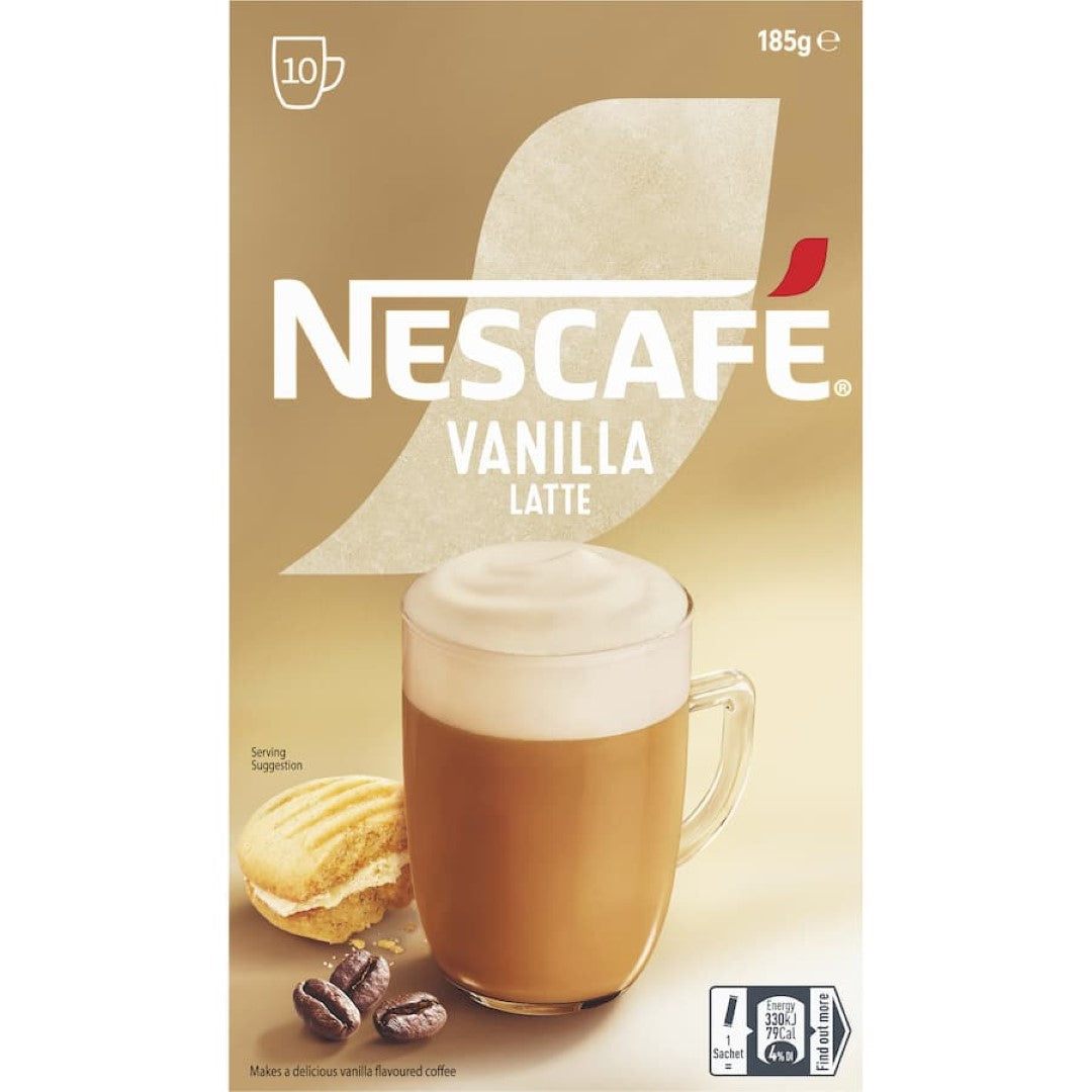 Nescafe Cafe Menu Vanilla Latte sachets, 10-pack for creamy cafe-style coffee at home, sustainably sourced and easy to prepare.