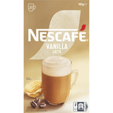 Nescafe Cafe Menu Vanilla Latte sachets, 10-pack for creamy cafe-style coffee at home, sustainably sourced and easy to prepare.