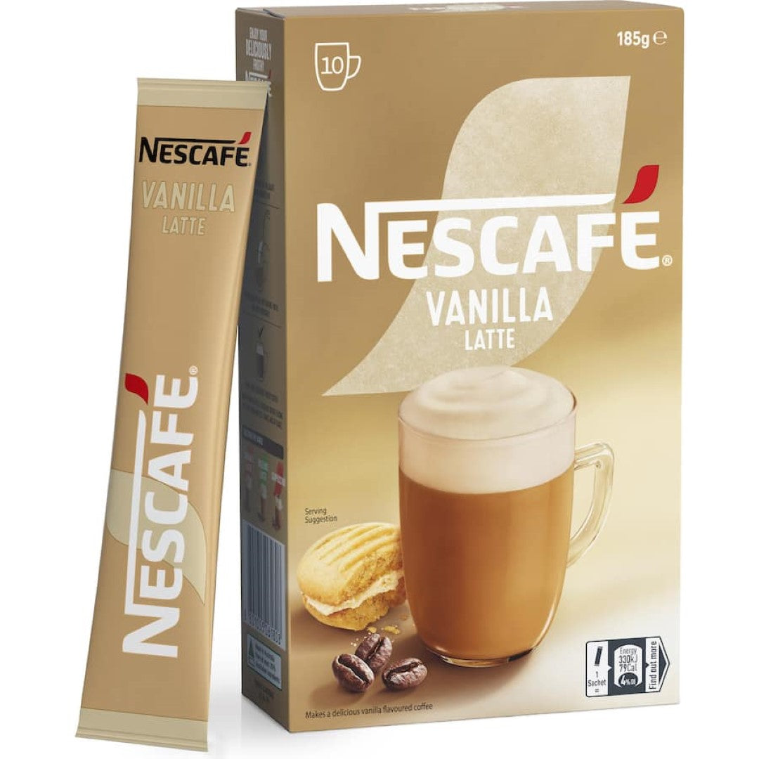 Nescafe Vanilla Latte sachets, 10-pack, featuring creamy vanilla coffee for a cafe-style experience at home.