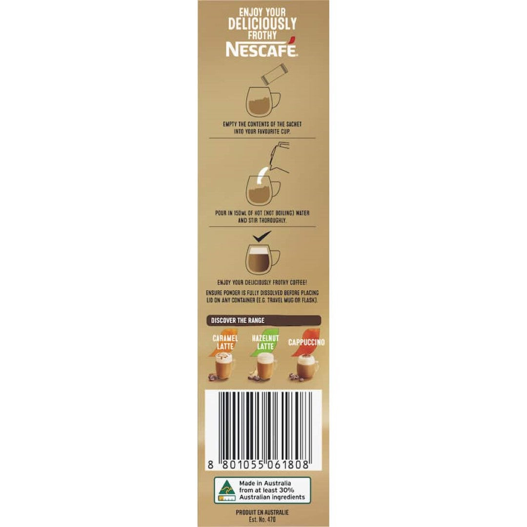 Nescafe Cafe Menu Vanilla Latte sachets in a 10-pack, offering creamy, cafe-style coffee with rich vanilla flavor.