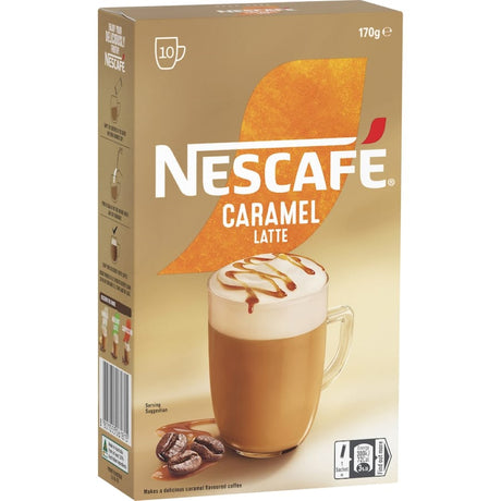 Nescafe Cafe Menu Caramel Latte sachets offer creamy coffee with smooth caramel in a convenient 10-pack for home enjoyment.