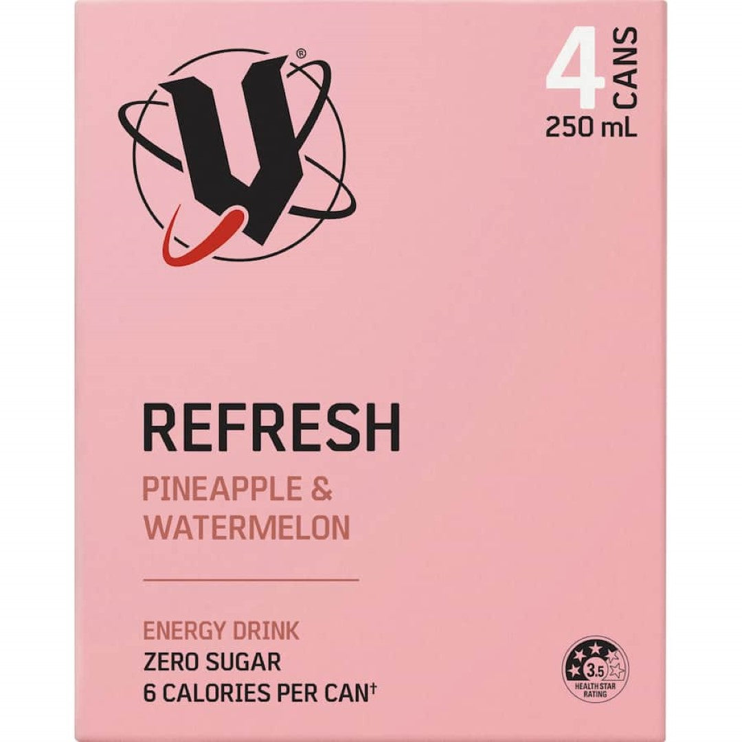 V Sugar Free Energy Drink in Pineapple Watermelon flavor offers a refreshing, guilt-free boost of energy with essential vitamins.