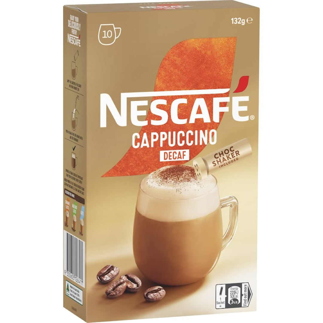 Nescafe Decaf Cappuccino Sachets in a 10-pack, offering a creamy café-style coffee experience without the caffeine.