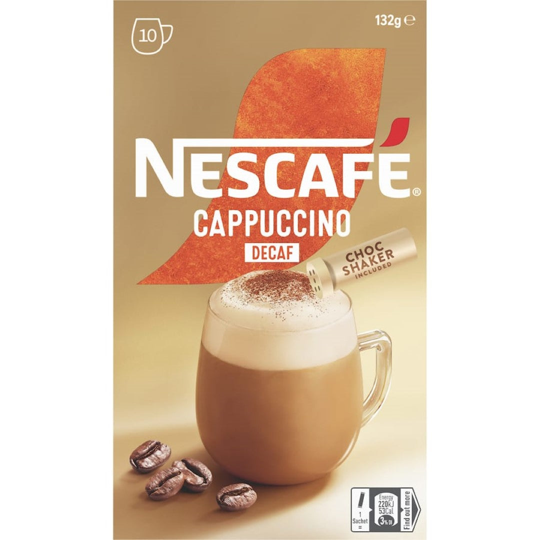 Convenient 10-pack of NESCAFÉ Decaf Cappuccino sachets for a rich, creamy café-style drink at home.