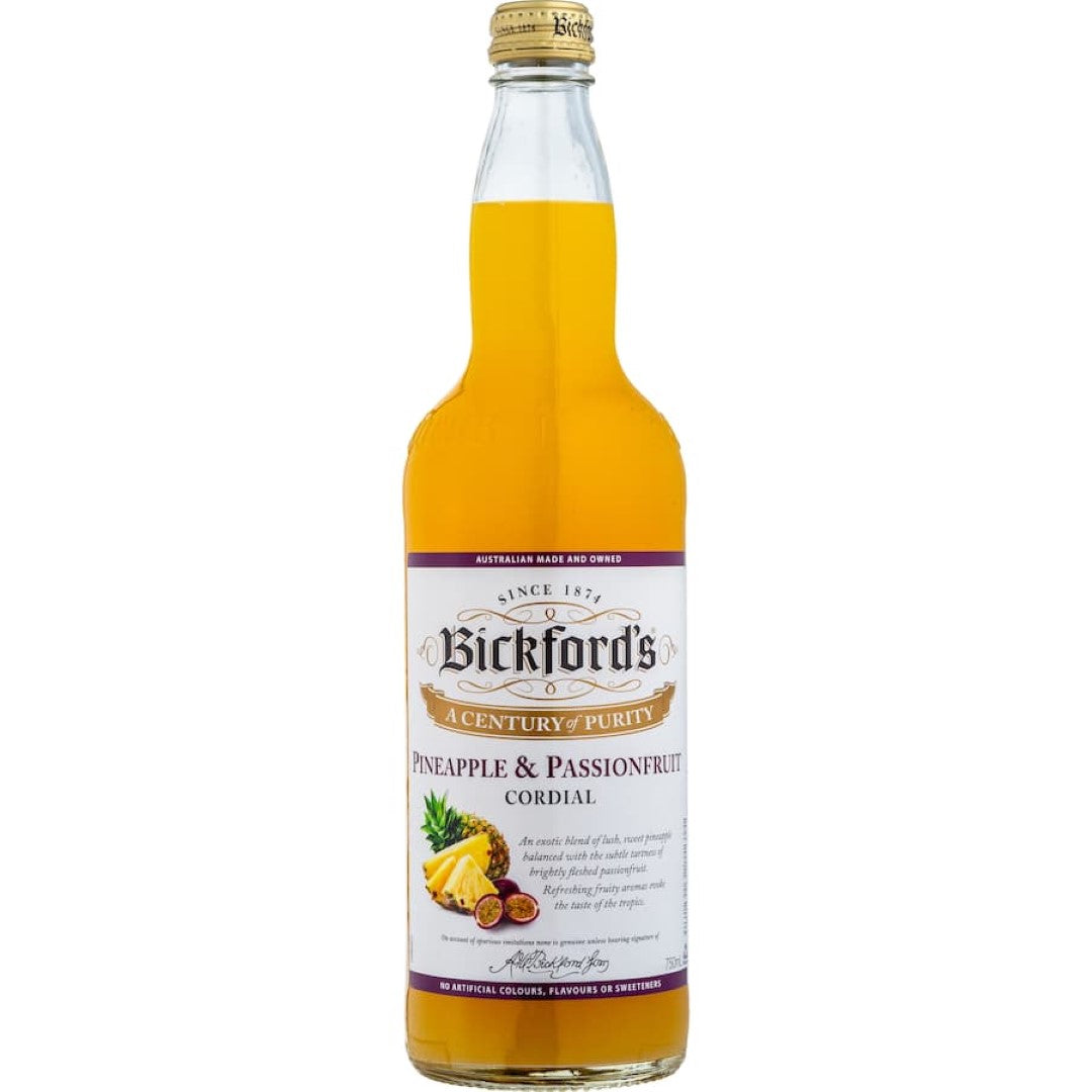 A vibrant bottle of Bickford's Pineapple & Passionfruit Cordial, showcasing tropical flavors for refreshing drinks and cocktails.