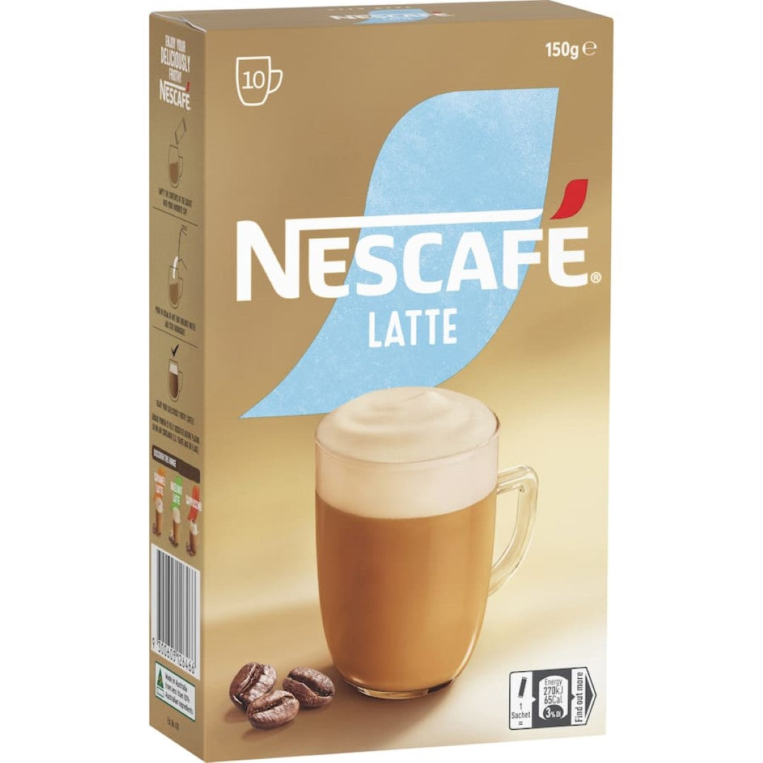 Nescafe Coffee Sachets Latte 10-pack, creamy and convenient for café-style lattes at home or on-the-go.