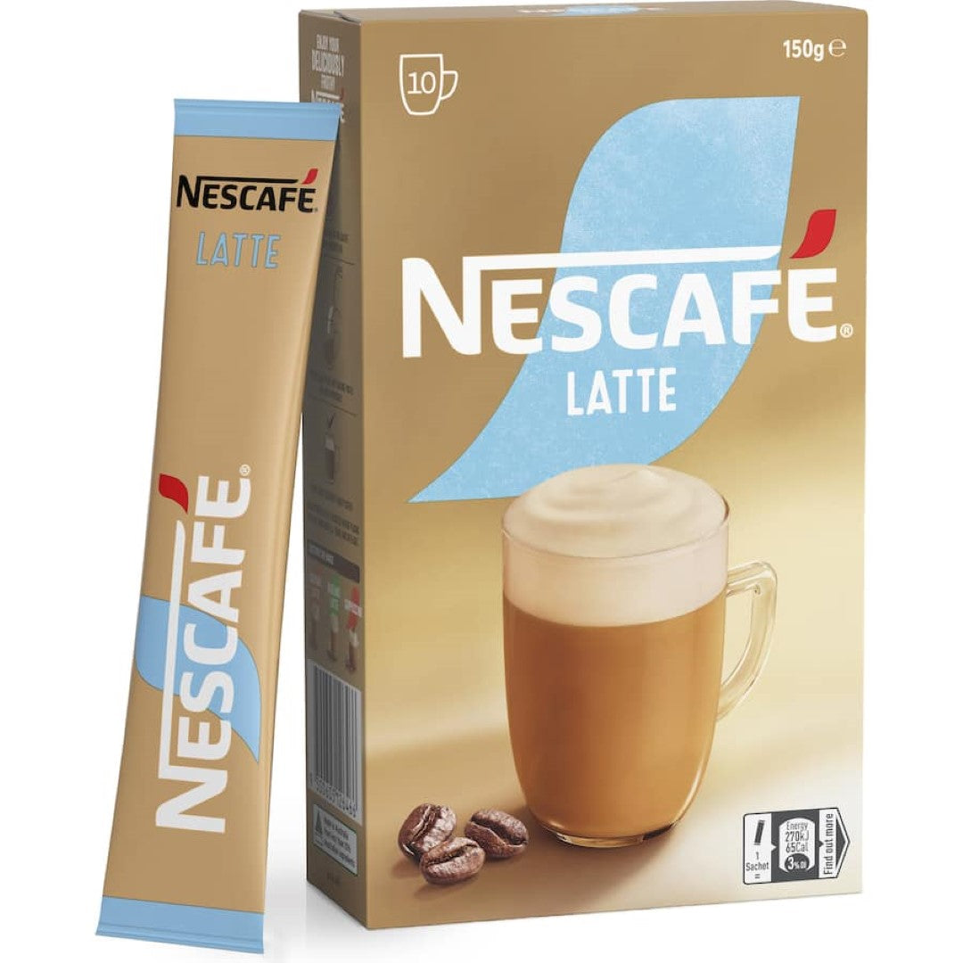 Nescafe Coffee Sachets Latte 10-pack, delivering creamy café-style lattes instantly with 100% responsibly sourced coffee beans.