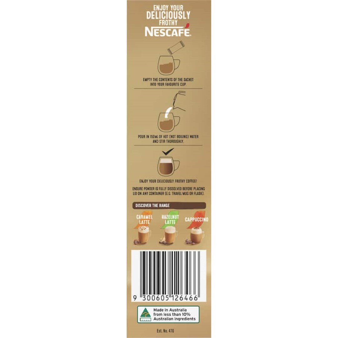 Nescafe Coffee Sachets Latte 10-pack, creamy and convenient for café-quality lattes at home or on-the-go.