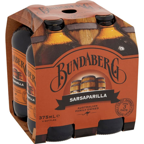 Bottle of Bundaberg Soft Drink Sarsaparilla showcasing rich flavors of sarsaparilla, ginger, and spices, perfect for a refreshing treat.