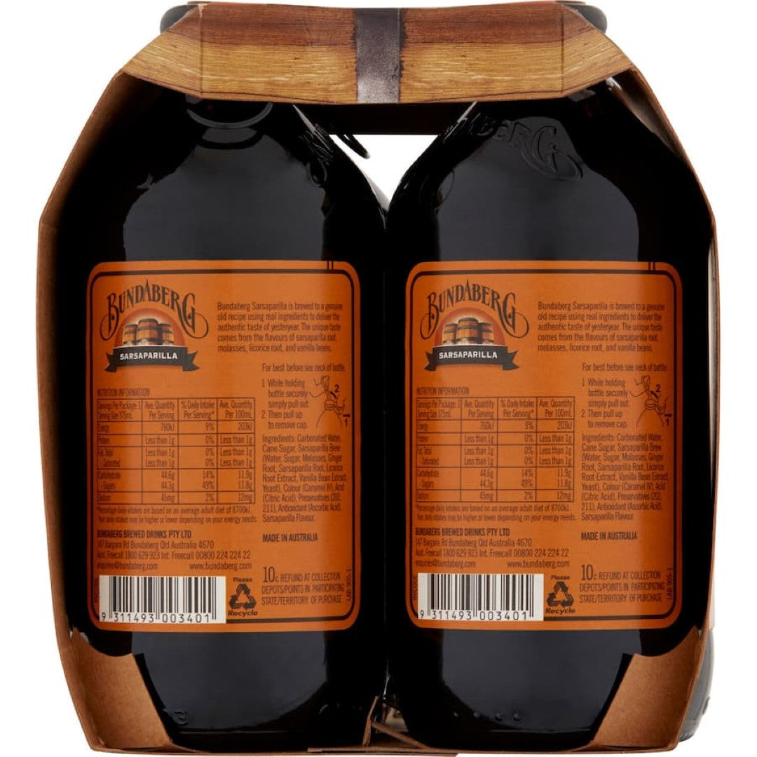 Bottle of Bundaberg Sarsaparilla featuring rich, fizzy soft drink brewed with real herbs, spices, and a family recipe.