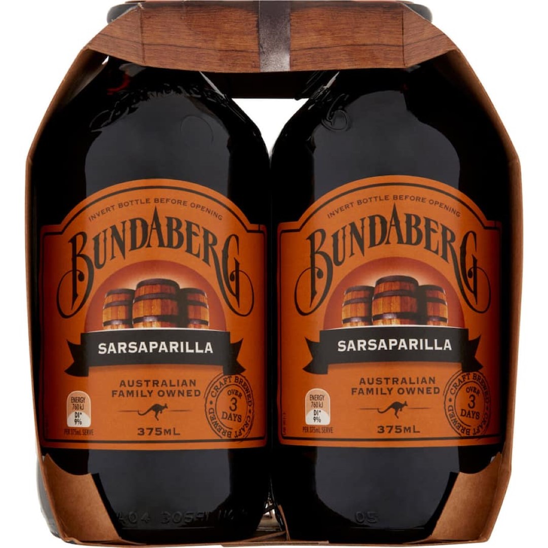 Bottled Bundaberg Sarsaparilla, a fizzy drink with sarsaparilla root, vanilla, and spices, brewed for 3 days. Enjoy chilled!