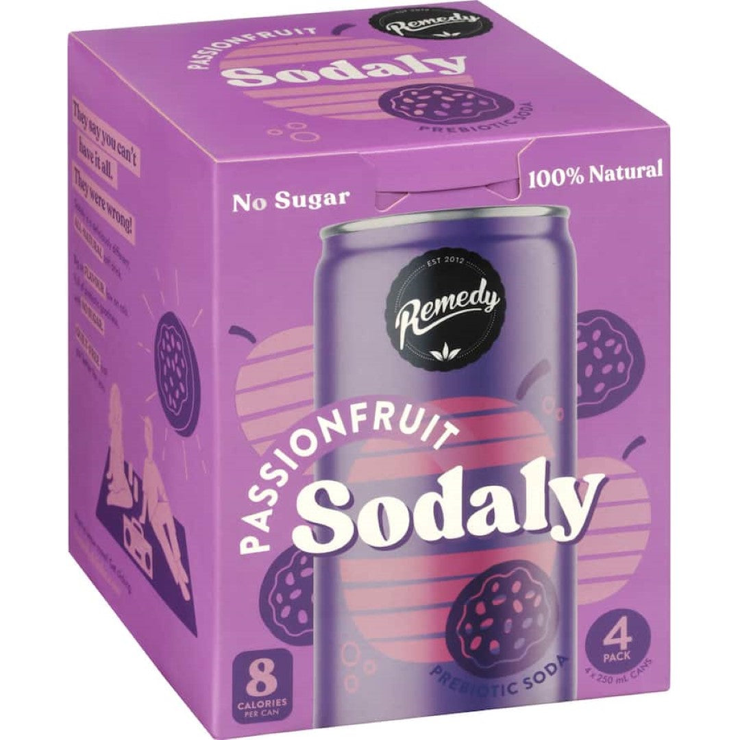 Refreshing Remedy Sodaly Passionfruit, a sparkling soda with vibrant flavor, no added sugar, and gut health benefits.