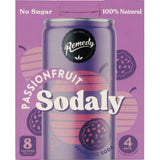 Refreshing Remedy Sodaly Passionfruit soda in a can, featuring vibrant flavor, gut health support, and no added sugar.