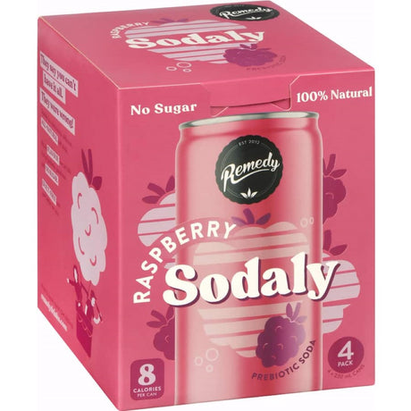 Refreshing Remedy Sodaly Raspberry drink can, featuring bubbly raspberry flavor, gluten-free, low-calorie, and probiotic-rich.