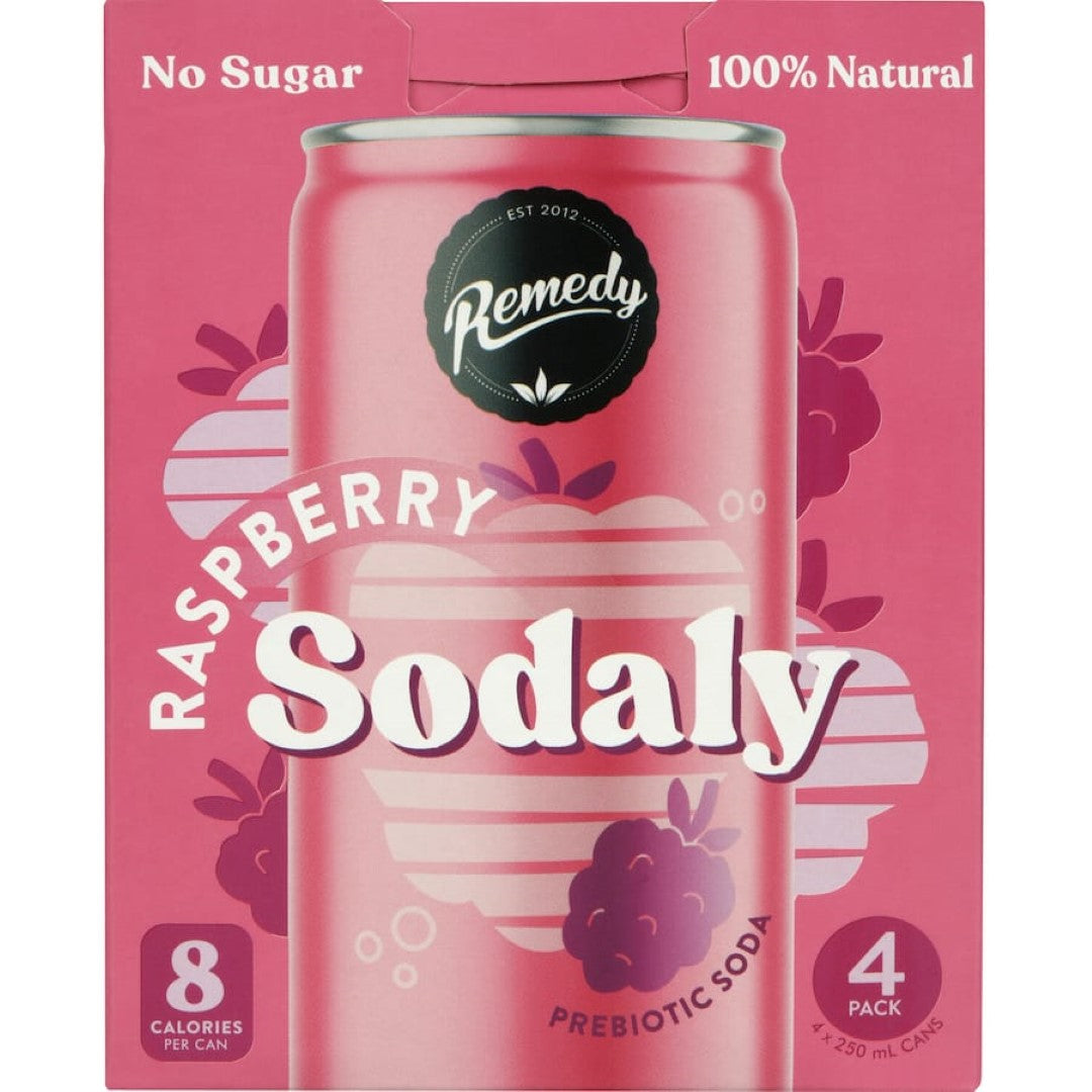 Refreshing Remedy Sodaly Raspberry sparkling drink with natural raspberry flavor, gluten-free and low in calories.