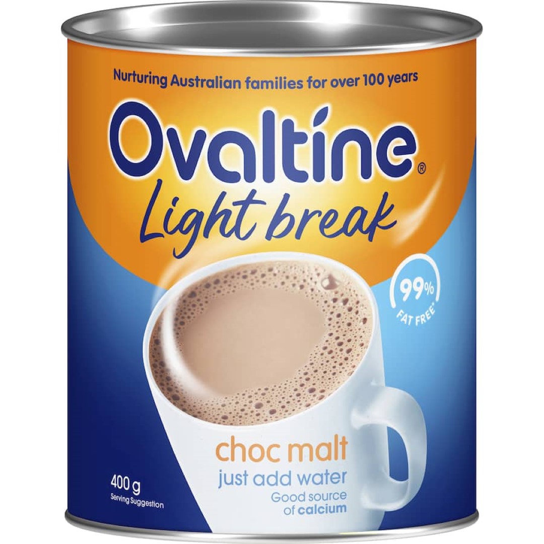 Ovaltine Drinking Chocolate Light Break, a 99% fat-free choc malt drink with 80 calories, rich in calcium and easy to prepare.