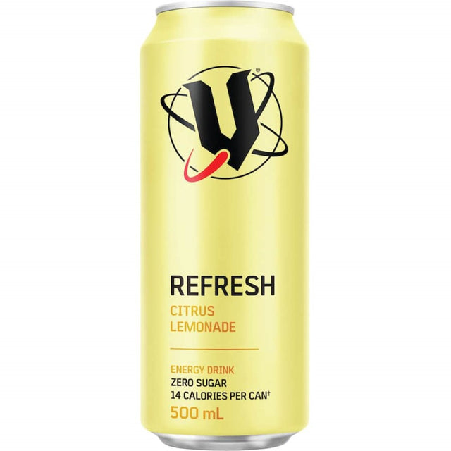 V Sugar Free Energy Drink Refresh Citrus Lemonade can, featuring a vibrant citrus design, perfect for a low-calorie energy boost.