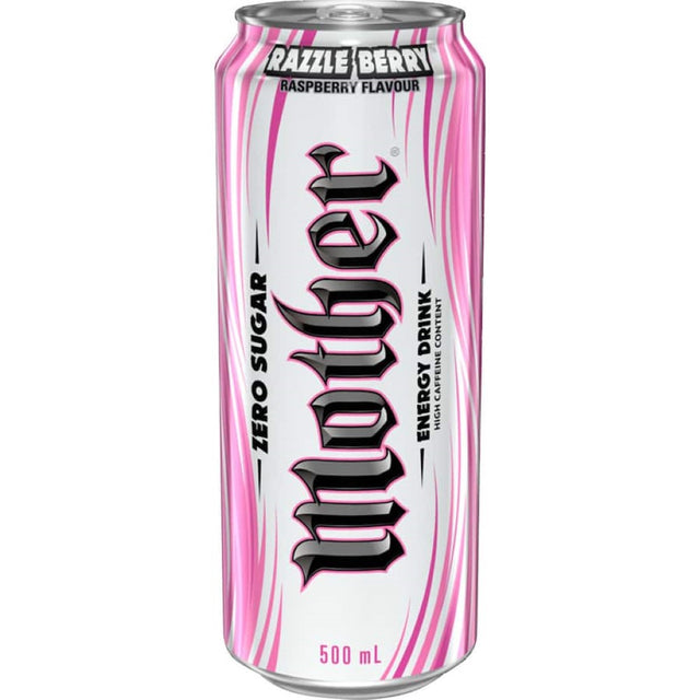 Mother Energy Drink Razzle Berry Zero Sugar can, 500ml, vibrant flavor with zero calories for an energizing boost.