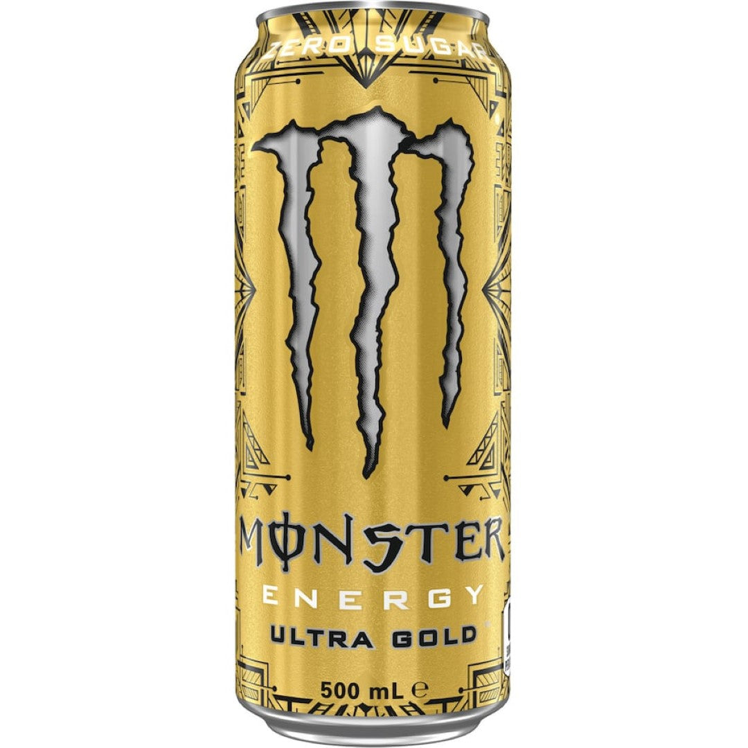 Can of Monster Sugar Free Energy Drink Ultra Gold, featuring zero sugar, BCAAs, and a refreshing flavor for an energizing boost.