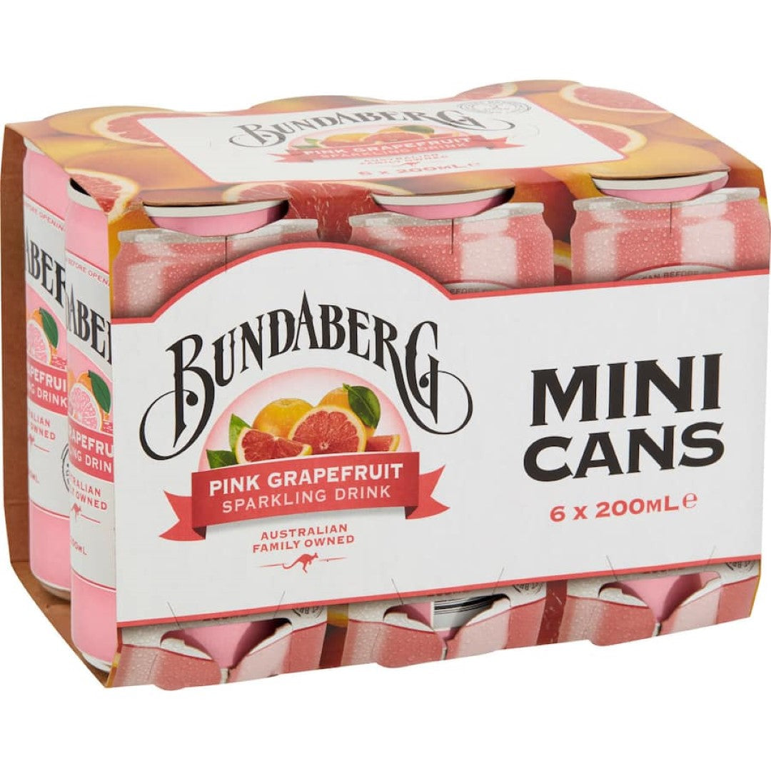 A refreshing 200ml mini can of Bundaberg Sparkling Pink Grapefruit, crafted with real fruit for vibrant flavor.