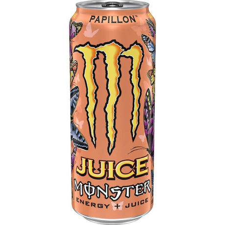 Vibrant Monster Energy Drink Papillon can featuring colorful butterflies, offering refreshing energy with zero sugar.