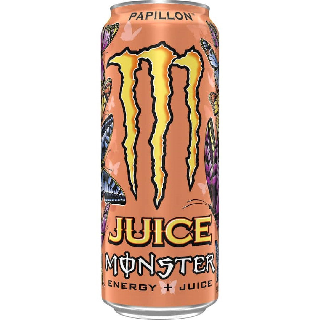 Vibrant can of Monster Energy Drink Papillon featuring colorful butterflies, delivering a refreshing energy boost with zero sugar.