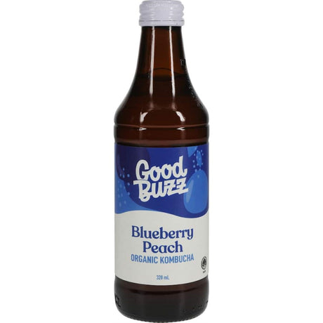 Refreshing Good Buzz Kombucha Blueberry Peach, crafted with effervescent blueberries and peaches for gut health and flavor.