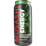 Refreshing Musashi Energy Drink in Green Apple flavor, designed for hydration and energy during workouts or daily activities.