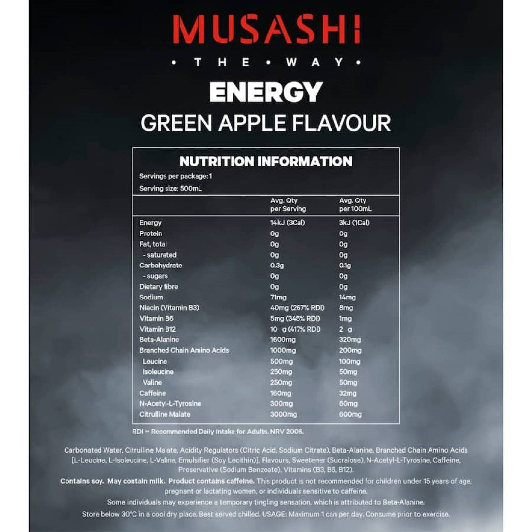 Musashi Energy Drink Green Apple can, featuring vibrant green apple flavor, designed for hydration and sustained energy.