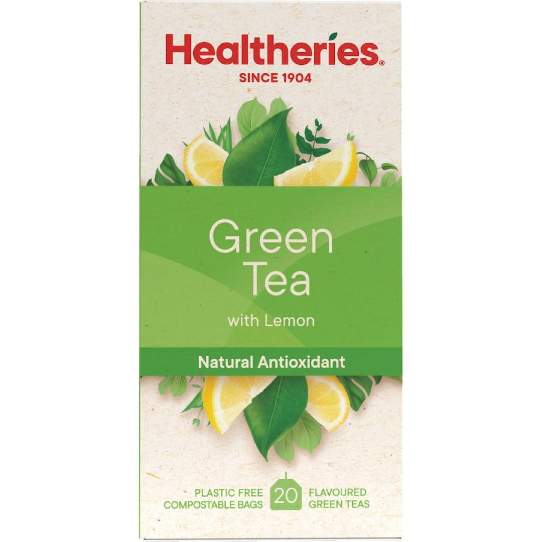 Healtheries Green Tea Lemon features a tangy lemon blend with antioxidant-rich green tea for a refreshing health boost.