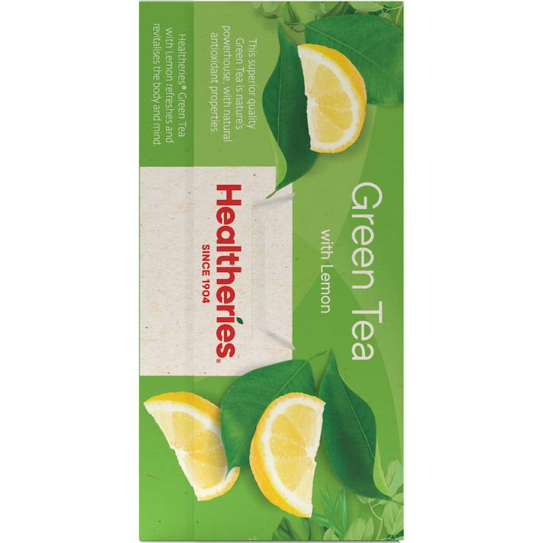 Bright and zesty Healtheries Green Tea Lemon blend, rich in antioxidants and vitamin C for a refreshing health boost.