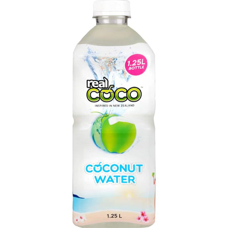 Refreshing Real Coco Coconut Water, packed with electrolytes and vitamins for hydration and wellness, sourced from young coconuts.