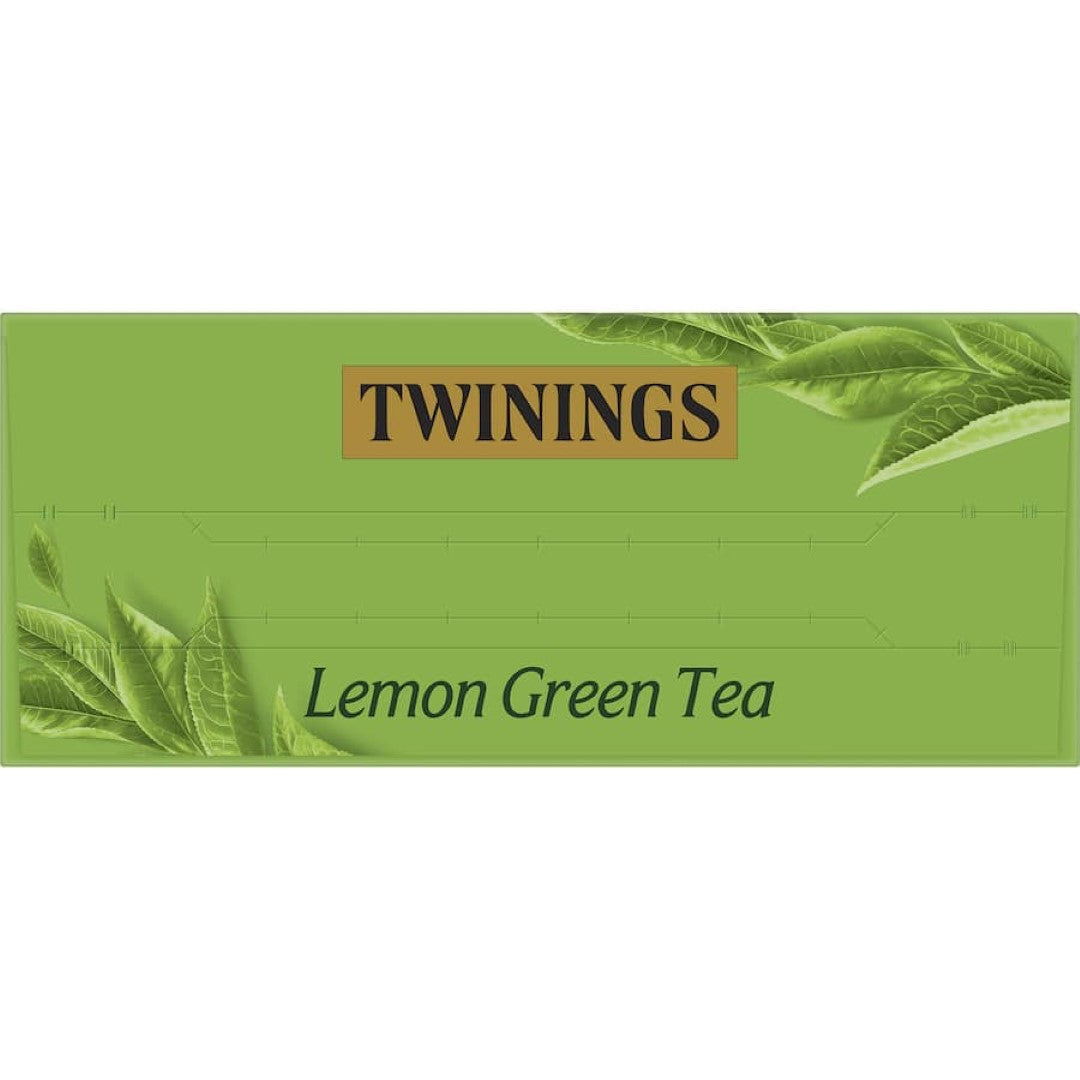 Twinings Green Tea Lemon tea bags, featuring zesty lemon and natural green tea, promote refreshment and wellness.