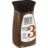 Jar of Jed's Instant Freeze Dried Coffee #3 Strong, featuring 100% coffee beans for a rich, bold flavor experience.