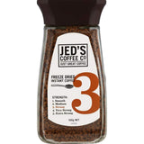 Jed's Instant Freeze Dried Coffee #3 Strong in a 100g glass jar, showcasing its rich, robust flavor and aroma.