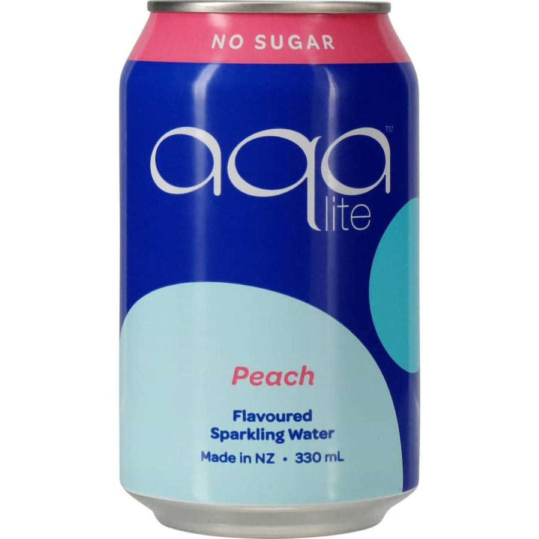 Aqa Lite Sparkling Water Peach can, showcasing bubbly peach flavor and healthy, calorie-free hydration.