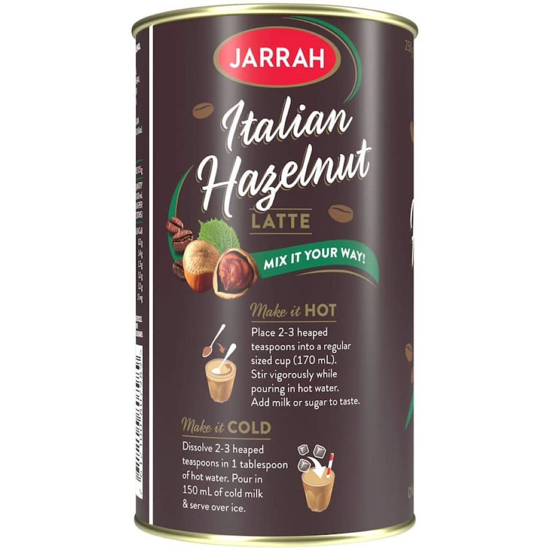 Aromatic Jarrah Coffee Mix Italian Hazelnut blend offers rich coffee flavored with creamy hazelnut, only 58 calories per serving.