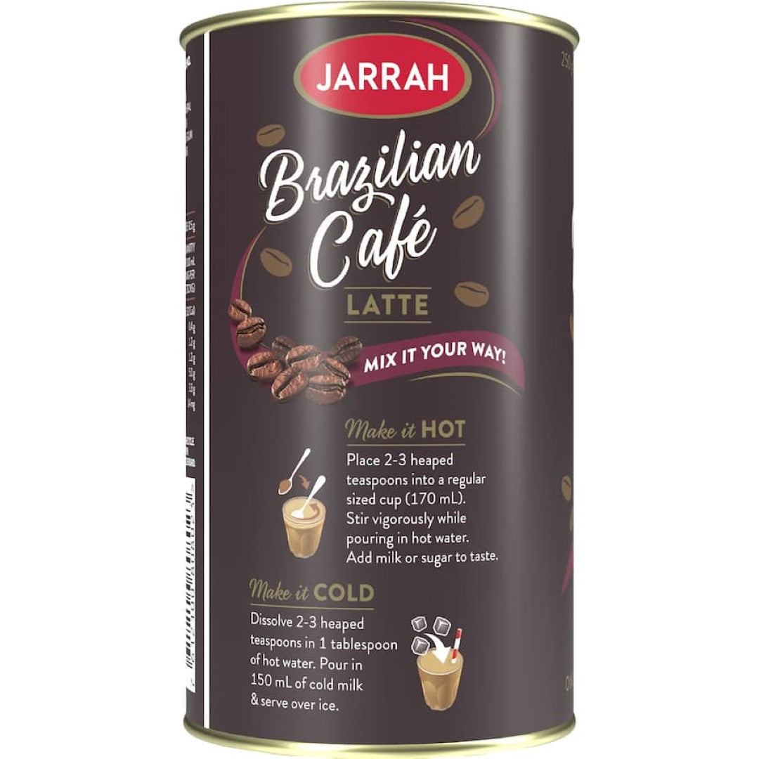 Jarrah Coffee Mix Brazil Cafe Latte: an instant, rich blend of Brazilian coffee and creamy flavor, easily made with hot water.