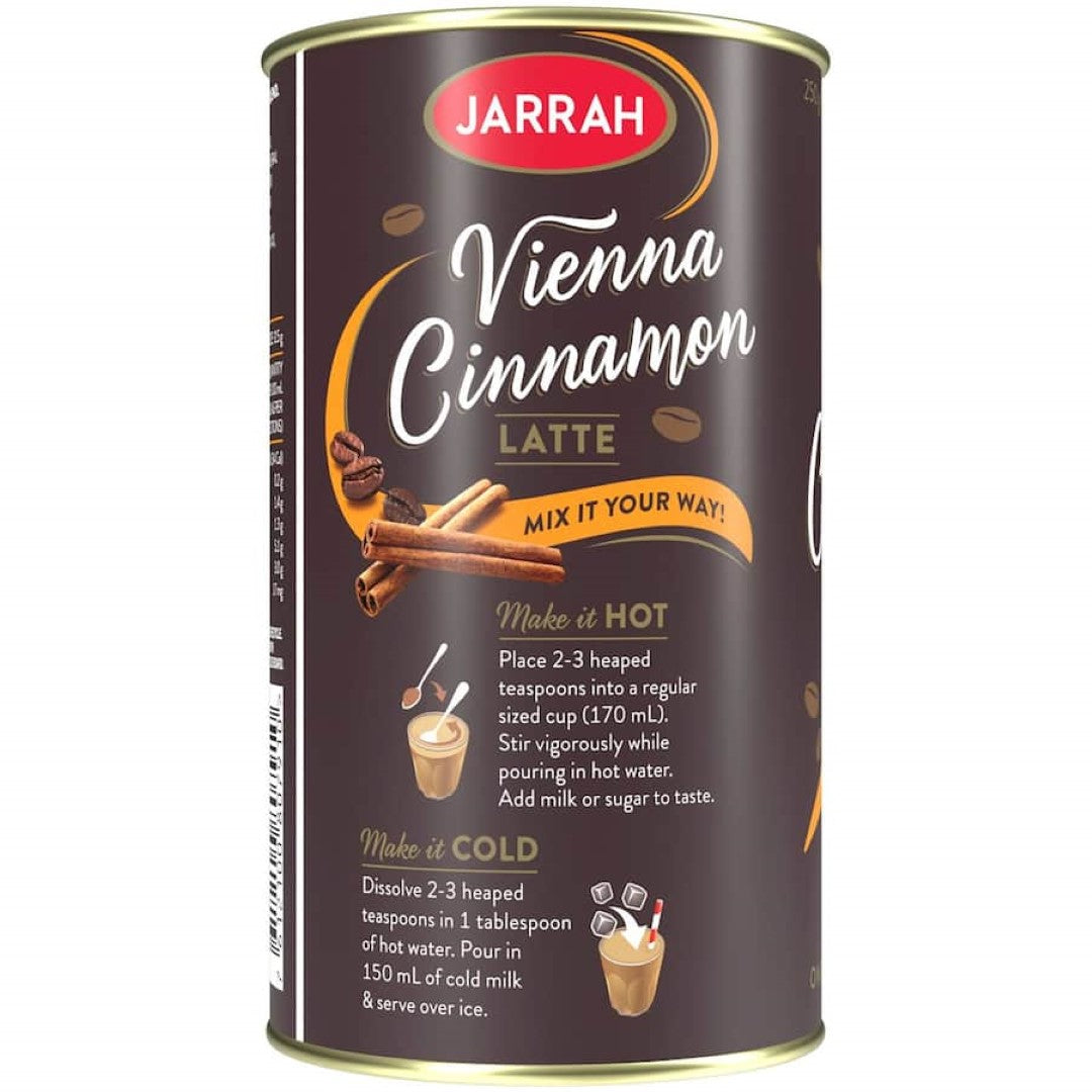 Jarrah Coffee Mix Vienna Cinnamon Latte with rich cinnamon flavor and smooth Arabica coffee, 58 calories per serving.