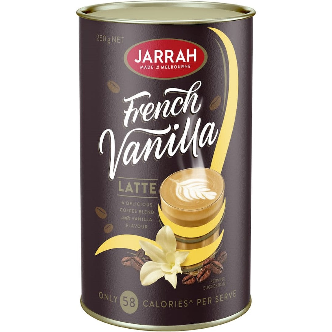 Jarrah Coffee Mix French Vanilla, a creamy instant coffee blend with rich vanilla flavor, 98% fat-free and sugar-free.